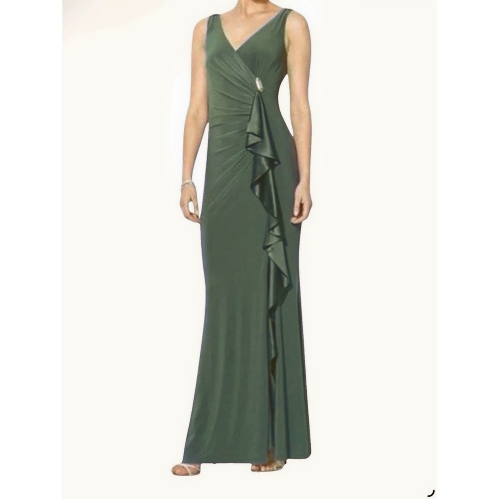 LRL Evening Sleeveless Olive Green Ruffle Slit Maxi Dress Gown Womens Size 8